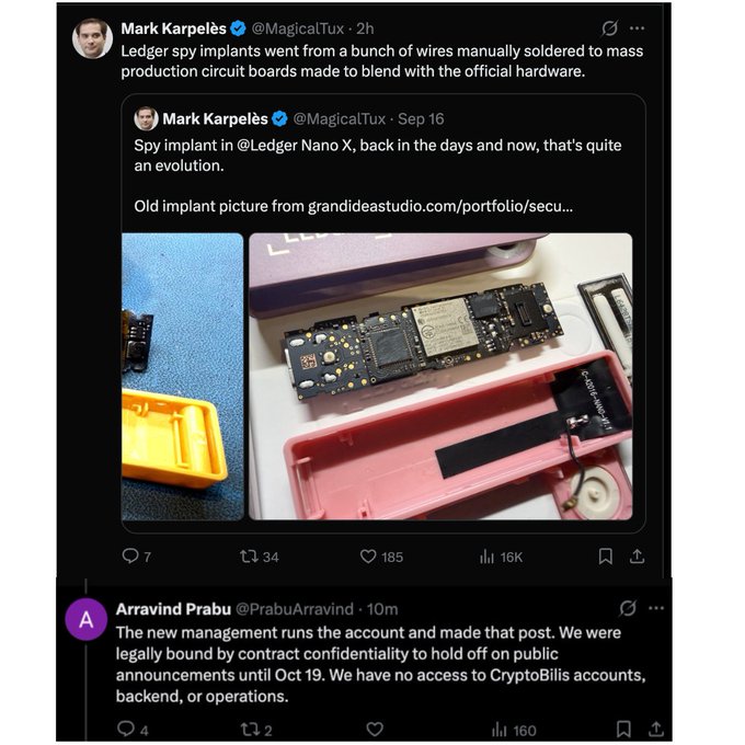 The image shows a Twitter exchange where Mark Karpeles (@MagicalTux) discusses the evolution of Ledger spy implants, noting they've progressed from manually soldered wires to mass-produced circuit boards designed to blend with official hardware, alongside photos of an implant in a Ledger Nano X. A reply from Arravind Prabhu (@PrabuArravind) clarifies that new management made the post under contractual confidentiality obligations until October 19, with no access to CryptoBilis accounts, backend, or operations—directly supporting the conspiracy theory about the Chinese acquisition and NDA.