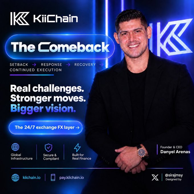 A promotional graphic for KiiChain titled 'The Comeback' features Founder & CEO Danyel Arenas alongside text reading 'Real challenges. Stronger moves. Bigger vision.' and 'The 24/7 exchange FX layer', with the website kiichain.io and handle @sirajmsy.