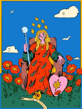 A psychedelic tarot-style illustration of a blonde goddess-like figure in a red dress seated on a throne among red flowers, holding a crystal ball, with stars around her head and a heart-shaped shield beside her.
