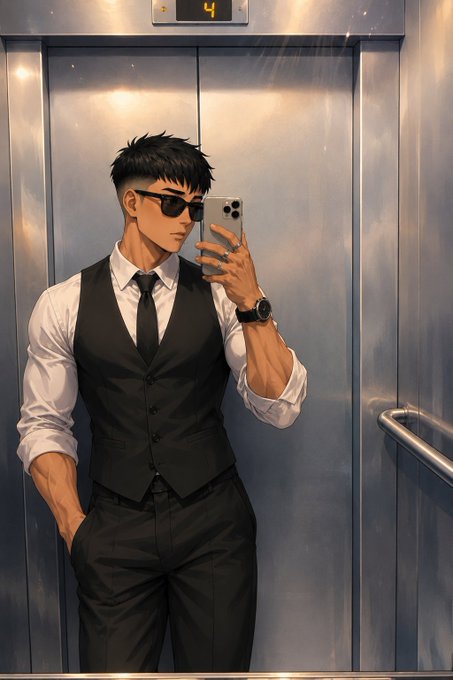 An anime-style illustration depicts a man in a black vest, white shirt, tie, and sunglasses taking a selfie in an elevator while holding a smartphone.