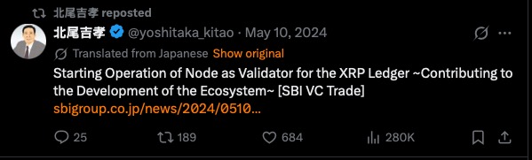A reposted tweet from Yoshitaka Kitao (@yoshitaka_kitao), dated May 10, 2024, announcing 'Starting Operation of Node as Validator for the XRP Ledger ~Contributing to the Development of the Ecosystem~ [SBI VC Trade]' with a link to sbigroup.co.jp.