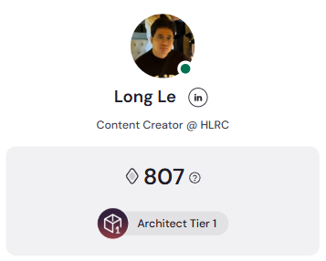 A LinkedIn-style profile card for 'Long Le,' a Content Creator @ HLRC, displaying an 'Architect Tier 1' badge and a score of 807.