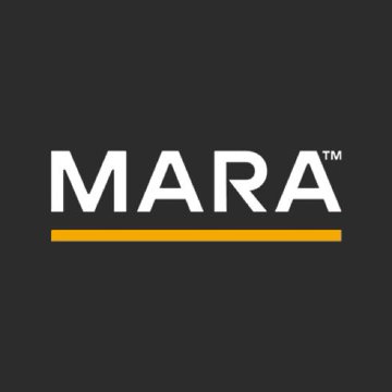 A minimalist logo displays the word 'MARA' in white text with a yellow underline on a dark gray background.