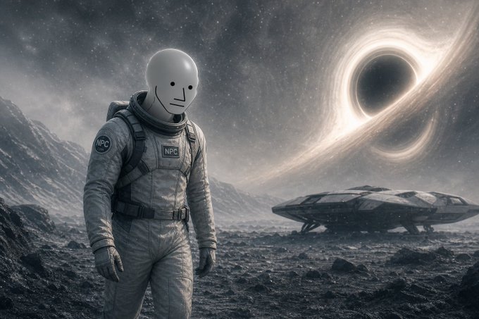 A sci-fi image of an astronaut in a gray suit labeled 'NPC' with a smiley-face helmet standing on a barren rocky planet, with a black hole and a UFO-shaped spacecraft visible in the background.