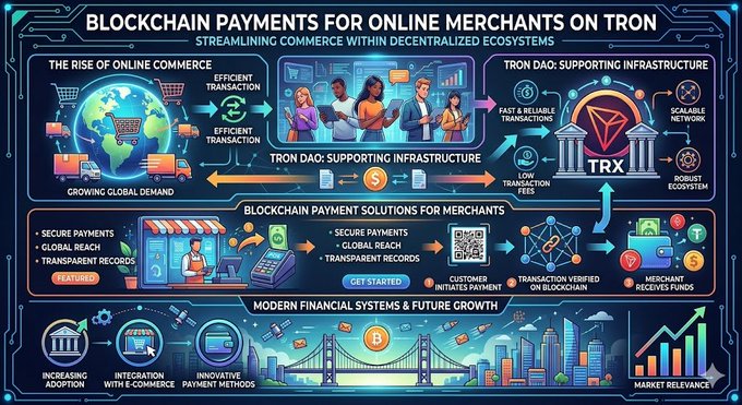 The image features a colorful flowchart or infographic illustrating how blockchain payments are utilized by online merchants, such as those involved with transactions on the TRON cryptocurrency. The diagram shows various stages of processing, starting from incoming payment transactions and ending with payment settlements in digital markets. It also highlights key points about the efficiency and security offered by this technology for merchants operating within the cryptocurrency world.