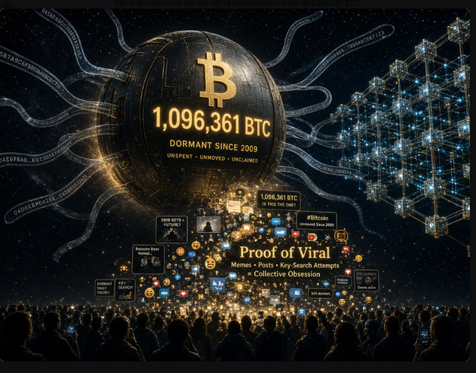 A glowing golden Bitcoin sphere displays "1,096,361 BTC DORMANT SINCE 2009, UNSPENT • UNMOVED • UNCLAIMED" against a starry backdrop, with chain tentacles linking to a crystalline network, illustrating the post's warning about vulnerable Satoshi-era wallets holding roughly 1.09 million BTC with exposed public keys since 2009 that cannot be rotated ahead of a potential quantum computing "Q-day."
