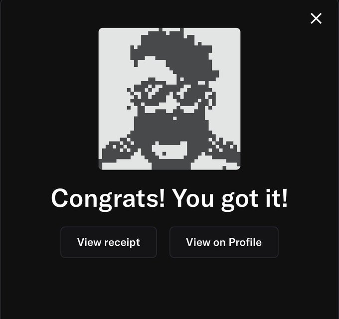 Digital interface showing a pixelated portrait with the text 'Congrats! You got it!' and buttons for 'View receipt' and 'View on Profile'.