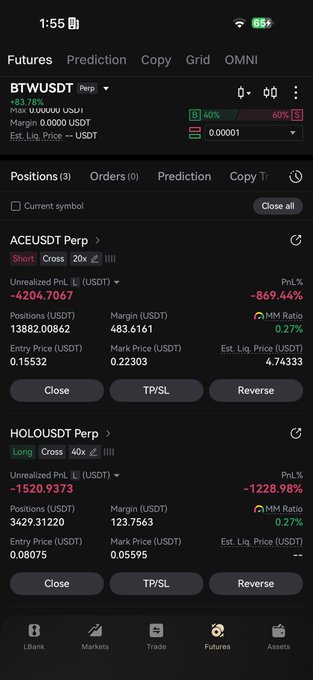 A mobile screenshot of a cryptocurrency trading app on a 'Futures' tab shows open positions for 'ACEUSDT Perp' and 'HOLOUSDT Perp' with significant unrealized losses in red.