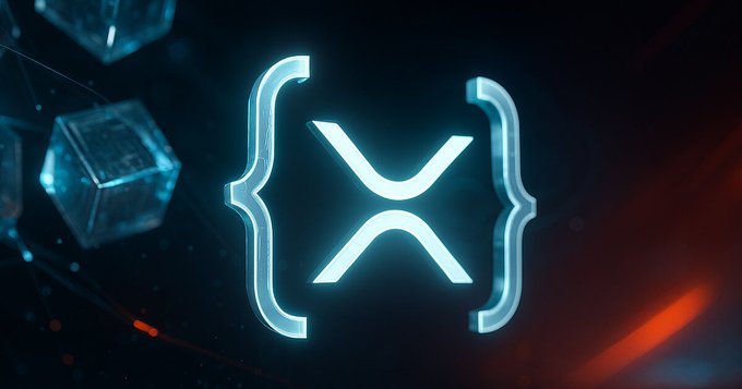 A glowing neon XRP logo enclosed in curly braces is displayed against a dark blue and orange background with digital cube elements, symbolizing the XRP Ledger's proposed upgrades for tokenized real-world assets and confidential transfers aimed at institutional finance.