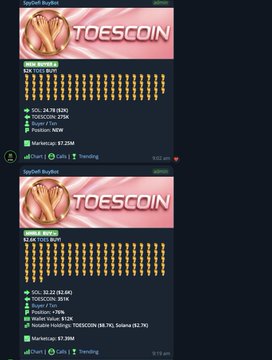 Two screenshots of DexScreener show the TOESCOIN ("Special Boubon") token with on-chain metrics including market cap of $7.25M–$7.39M, ~88–276 holders, 8.2K socials, and a transaction count of around 38–76, supporting the post's claim of renewed degen interest in $TOES.