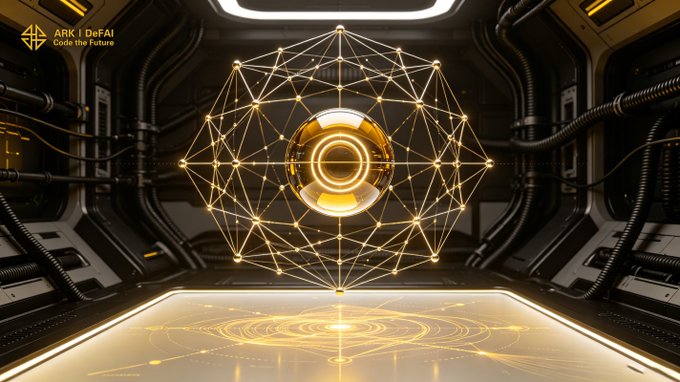 A glowing golden AI agent hub, framed by a futuristic industrial interior, radiates a network of interconnected nodes emanating from a central core—symbolizing how Arkie AI unites diverse signals and Web3 actions into a single intelligent execution point for ARK users. The "ARK | DeFAI: Code the Future" logo in the corner reinforces the brand's vision of decentralized AI-driven collaboration.