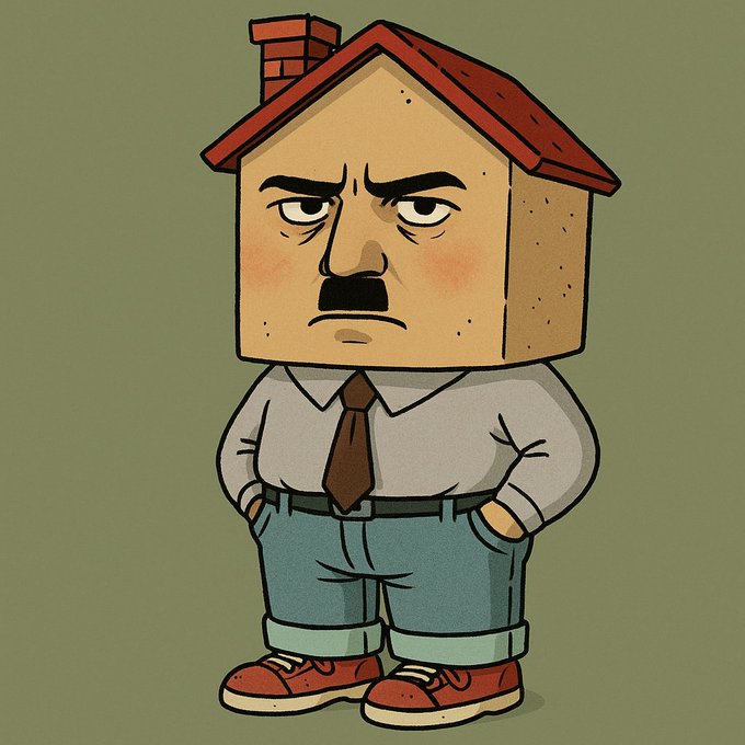 A cartoon character with a grumpy face on a house-shaped head wearing a tie and jeans stands against a green background. The image appears unrelated to the accompanying post, which advertises a Solana memecoin address and promotes a Twitter account (@fibonacki) with claims of celebrity followers.