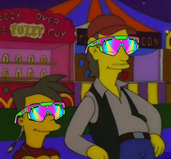 Two Simpsons characters—a younger one and an older bearded man in a brown cap—wear neon pixelated "deal with it" sunglasses at a carnival, with a sign reading "KNOCK OVER THE FUZZY GUY" visible behind them. The image fits the "cooder mogging" post by showing the older character coolly outshining the younger one while both sport the same flashy shades.