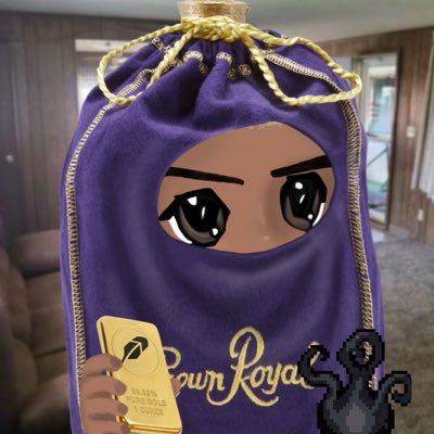 Purple Crown Royal bag with an anime-style face, holding a gold bar, with the text 'JESUS R$1000 @vows' on the gold bar.