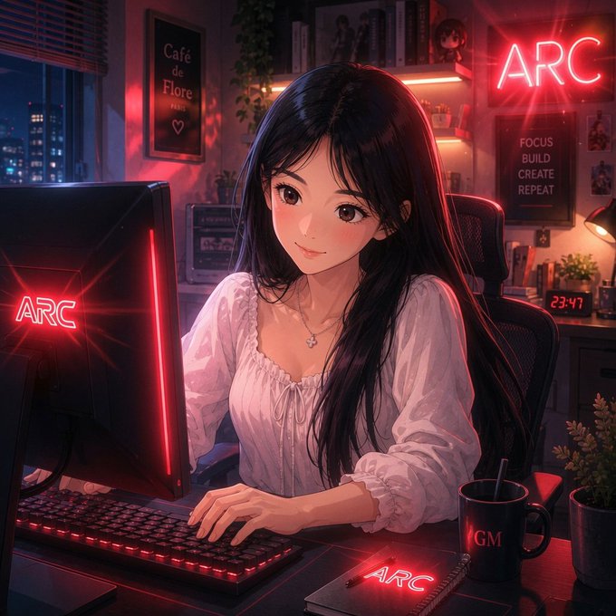 An anime-style digital illustration of a dark-haired young woman in a white blouse sitting at a gaming setup with red LED lighting. The word 'ARC' appears in neon red on the monitor, wall sign, and notebook, with a black mug labeled 'GM' and a 'Café de Flore' poster visible in the background.