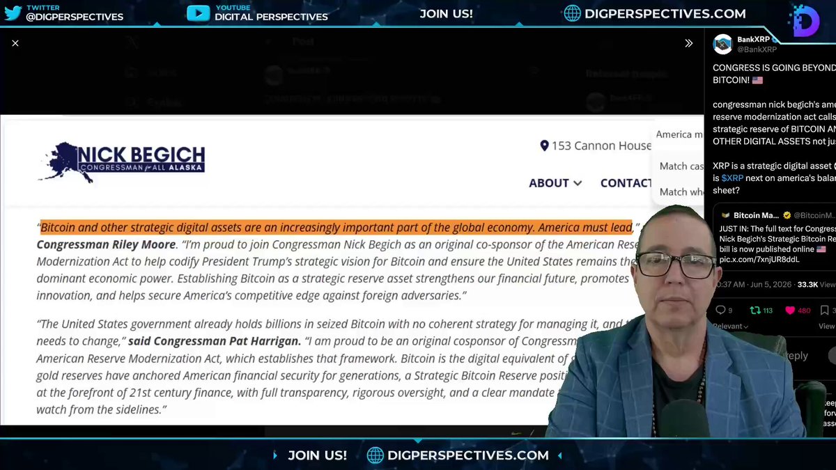 The image shows a man wearing glasses, sitting at a computer with his face displayed on a screen. The background of the image features a website called "DripPerspectives.com" along with some text that reads "Join us for a discussion about Bitcoin and the strategic reserve". This suggests that the man is participating in an online discussion or event related to Bitcoin, possibly discussing its impact on the economy or other financial matters.