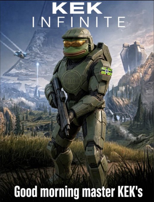 A digital artwork featuring 'KEK INFINITE' text with Pepe the Frog dressed in green Master Chief-style Halo armor holding a weapon, with 'Good morning master KEK's' text at the bottom.