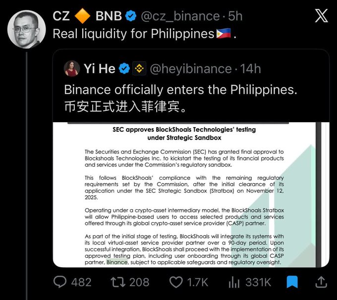 A tweet by CZ @cz_binance stating 'Real liquidity for Philippines' with a quote tweet from Yi He announcing Binance's official entry into the Philippines and SEC approval of Blockshaqs Technologies' Strategic Sandbox.