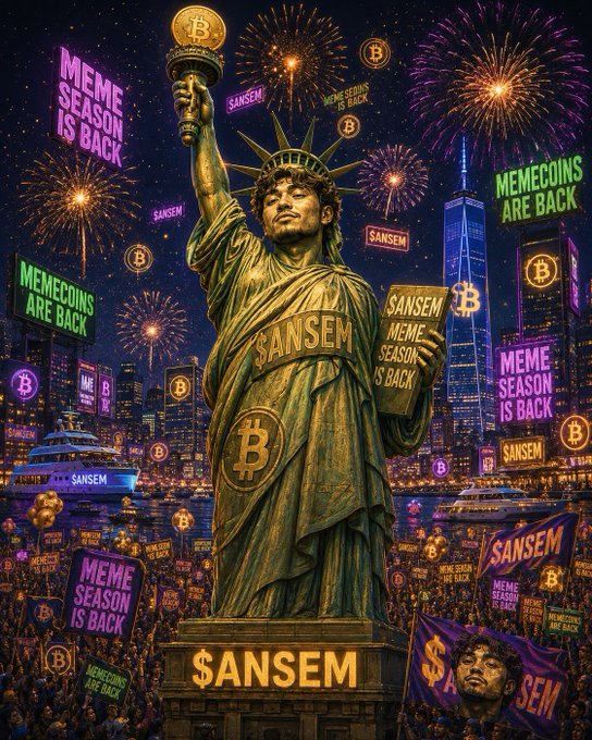 The image depicts a Statue of Liberty-style figure with curly hair holding up a golden Bitcoin coin and a "SANSEM MEME SEASON IS BACK" sign, set against a nighttime cityscape with fireworks and crowds waving banners reading "MEME SEASON IS BACK," "MEMECOINS ARE BACK," and "$ANSEM." This vibrant, celebratory scene visually amplifies the post's declaration of $ANSEM's meme season return, blending crypto hype with patriotic imagery to evoke excitement and optimism.
