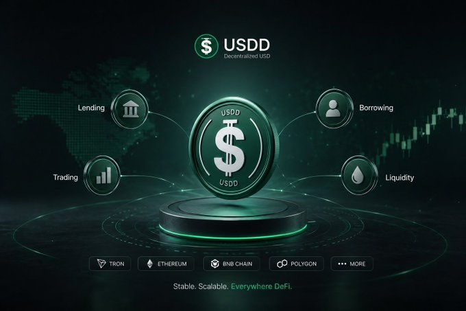 A promotional graphic for USDD (Decentralized USD) highlights features like Lending, Borrowing, Trading, and Liquidity, supported by Tron, Ethereum, BNB Chain, and Polygon.