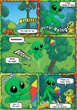 A four-panel comic featuring a cartoon turtle character flying a kite that says 'MY KITE!', with dialogue including 'I help. Kengo no time!', 'Too high for me!', 'UHEEEEEE!', 'Wow! So high!', 'Let it go!', 'Get it. Be quick!', 'Thank you, Jump-Jump!', and 'Anytime. Jump for friends.'