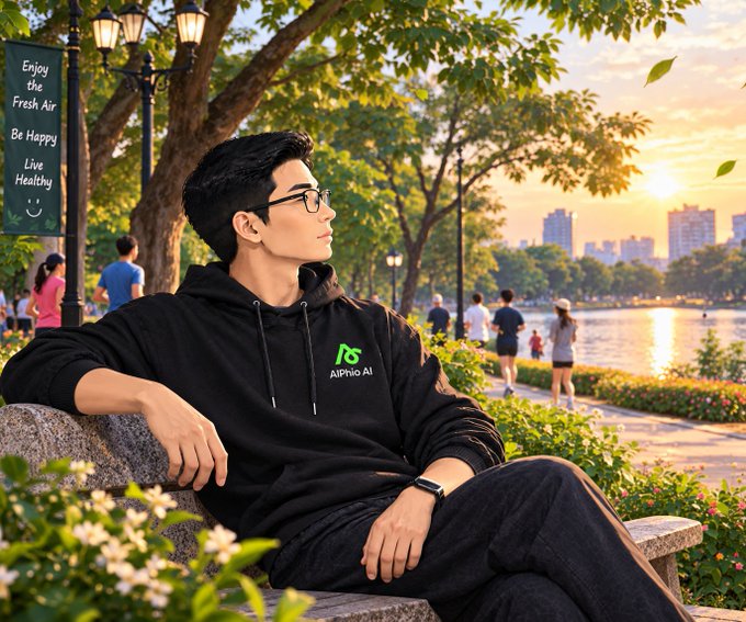 A young man wearing glasses and an 'AllPhio AI' branded black hoodie sits on a stone bench at a park by a lake during sunset, with a sign reading 'Enjoy the Fresh Air, Be Happy, Live Healthy'.
