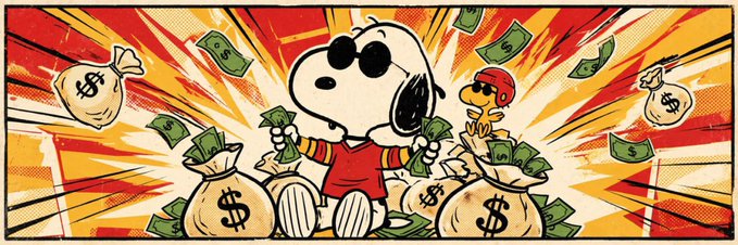 A retro comic-style illustration of Snoopy wearing sunglasses and a red shirt, surrounded by bags of money and cash falling against an orange and red background.