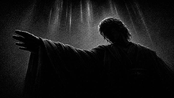 A dark, moody silhouette of a figure in a robe reaching out with one hand, with rain falling in the background against a black backdrop.
