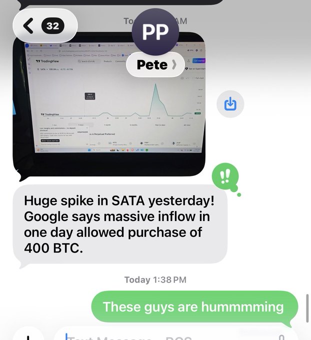 A screenshot of a messaging app chat showing a TradingView chart with the message: 'Huge spike in SATA yesterday! Google says massive inflow in one day allowed purchase of 400 BTC.' followed by the reply 'These guys are hummming'.