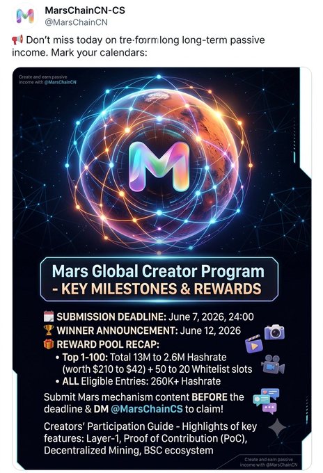 The image features a poster for MarsCreator Program, which is an initiative by MarsChainCS that aims to explore new frontiers in Web3 technology. The poster highlights the program's focus on the innovative Proof of Contribution (PoC) consensus mechanism and its potential impact on the future of blockchain technology. The poster also mentions the participation guidelines and a submission deadline for creators interested in joining the program.