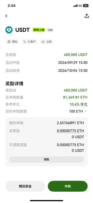 A mobile app screen displaying a USDT staking/investment pool with 400,000 USDT total rewards, 10.6% annualized yield, and a user subscription of 2.65766891 ETH.