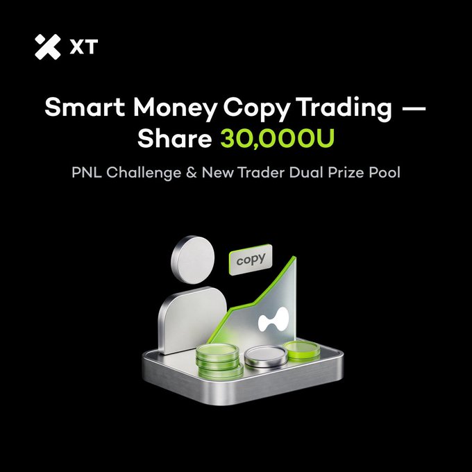 Promotional graphic for XT Exchange's "Smart Money Copy Trading" campaign featuring a 30,000 USDT prize pool, with a 3D illustration of a user figure, stacked coins, and an upward chart alongside the "copy" label. The text highlights both the PNL Challenge (20,000 USDT) and the New Trader Dual Prize Pool (10,000 USDT) tied to Hyperliquid's Smart Money Copy Trading feature.