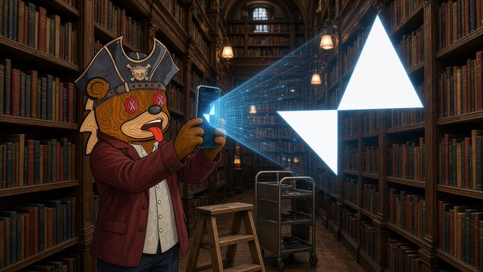 A digital illustration of a teddy bear character dressed as a pirate in a library, holding up a smartphone that projects a glowing blue geometric logo.