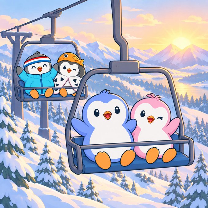 Four animated penguins ride a ski lift over a snowy mountain landscape at sunset, with two penguins wearing hats in one chair and two winking penguins in another.