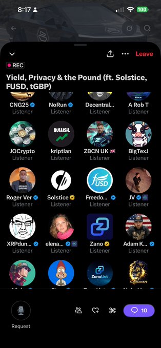 Mobile screenshot of a Twitter Spaces recording titled "Yield, Privacy & the Pound (ft. Solstice, FUSD, tGBP)" featuring multiple listener avatars including CNG25, BULLISH, JOCrypto, Solstice, Freedo (USD), and Zano.