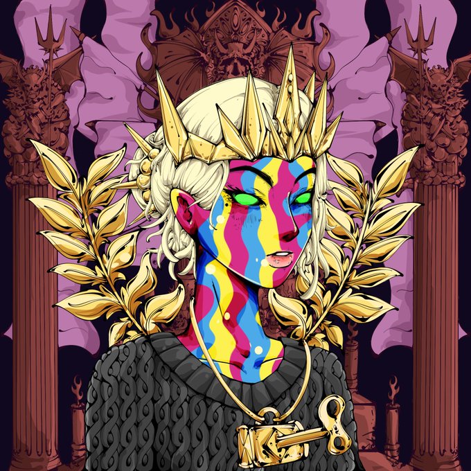 The image shows a vibrantly colored digital portrait of a figure with a yellow spiked crown, neon pink, yellow, and blue face paint, and glowing green eyes, set against an ornate gothic backdrop with golden laurels and a key-shaped pendant. The artwork appears to be a stylized NFT-style crown addition, matching the post's celebration of collecting another crown and tagging the artist @Nuddies_.