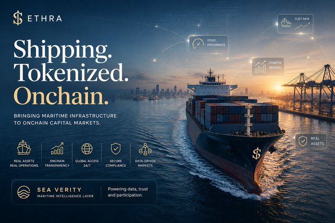 An ETHRA promotional banner titled "Shipping. Tokenized. Onchain." featuring a container ship and icons highlighting real assets and maritime infrastructure.