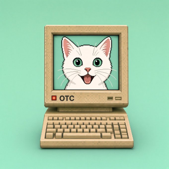 A stylized retro computer displaying a smiling white cat, with “OTC” printed on the front.