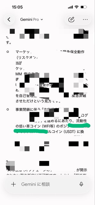 A mobile screenshot of a Gemini Pro conversation in Japanese discussing crypto safety measures, secure backups, risk avoidance, and converting low-liquidity coins like WFI to USDT stablecoin.
