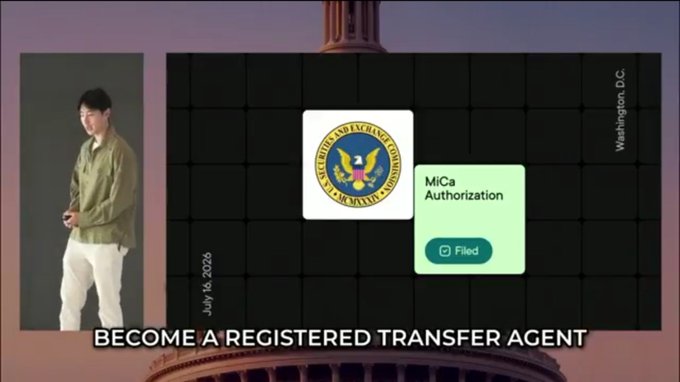A promotional graphic showing a man in a green jacket beside a screen displaying 'MiCa Authorization Filed' with a seal dated July 13, 2026, captioned 'BECOME A REGISTERED TRANSFER AGENT' with 'Washington, D.C.' in the corner.