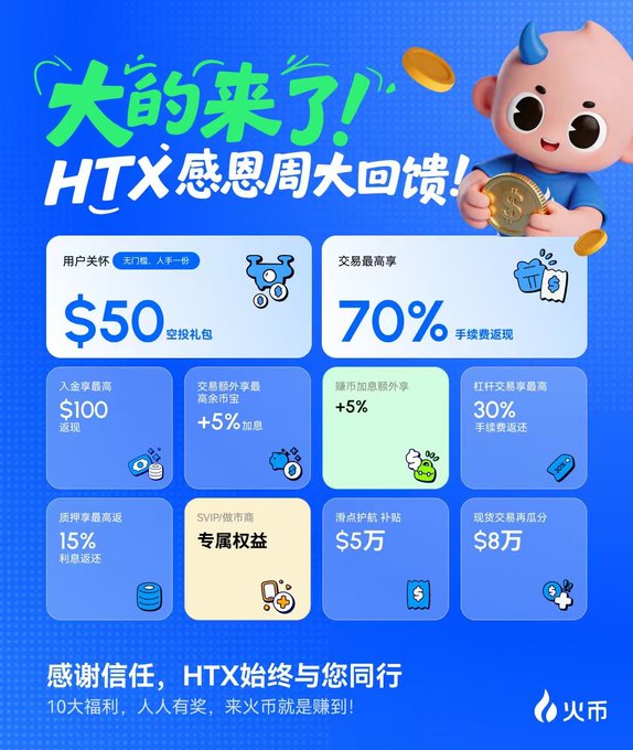 The image features an advertisement for a cryptocurrency with Chinese characters, which reads "HTX! #htx", showing that this digital currency can be purchased with $50 or 70% of its current value. The advertisement also includes illustrations depicting children holding gold coins, further emphasizing the value and appeal of purchasing the cryptocurrency.