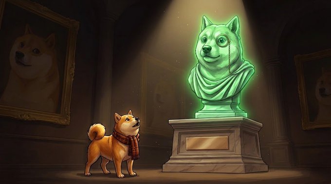 Illustration of a Shiba Inu dog wearing a scarf looking up at a glowing green marble bust of itself in a gallery.