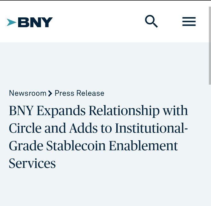 A BNY press release headline announcing the bank's expanded relationship with Circle and the addition of institutional-grade stablecoin enablement services, supporting the post's claim that BNY will mint and redeem USDC directly from its custody platform.
