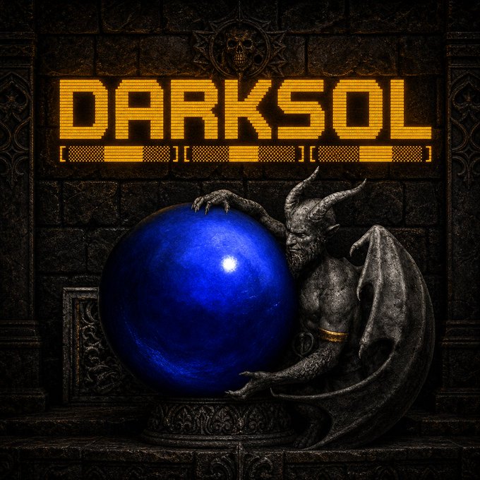 The image features a blue ball with a devilish face sitting atop of a stone pedestal, surrounded by a dark background. The caption for this image reads "we are in the modern age of magic, inference is the new mana". This phrase suggests that the image is related to the game DarkSol and its theme of magic and illusion.