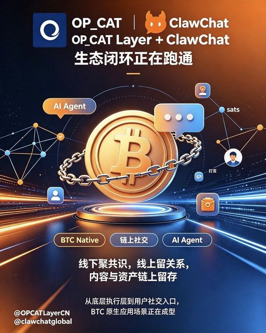 A promotional graphic features a large gold Bitcoin coin wrapped in chains, surrounded by icons for "AI Agent," "sats," and "ClawChat," highlighting the "OP_CAT Layer + ClawChat" ecosystem. The text "生态闭环正在跑通" and "BTC Native 原生应用场景正在成型" emphasizes the operational loop and emerging native Bitcoin applications.