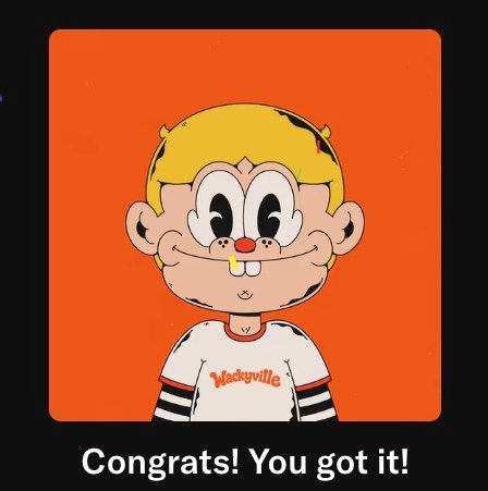 A cartoon character with blonde hair and a buck-toothed grin wears a "Wackyville" shirt against an orange background, with the caption "Congrats! You got it!" displayed below. The image celebrates the user's secondary market purchase of a Wackyville NFT, congratulating minters and the project team @maccurated, @uyo66_, and @Soathefirstt.