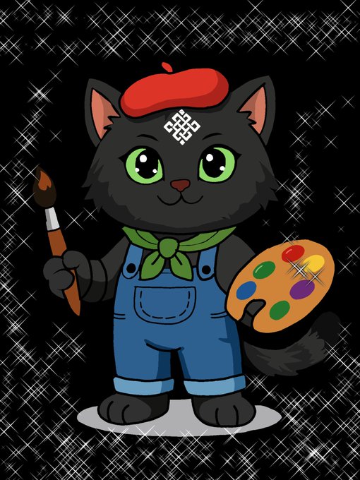 A cartoon illustration of a black cat wearing a red beret, green bandana, and blue overalls, holding a paintbrush and a colorful paint palette, with a symbol on its forehead against a black background with sparkles.