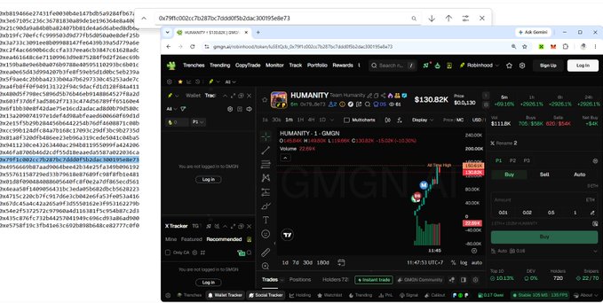 A screenshot of the DexScreener interface displaying the HUMANITY/OMH trading pair, alongside a window of hexadecimal blockchain data on the left side.