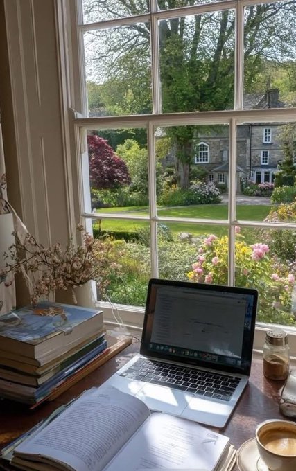 A cozy workspace featuring a laptop, open books, and an iced coffee on a windowsill that frames a picturesque view of a green garden, blooming flowers, and a stone house.