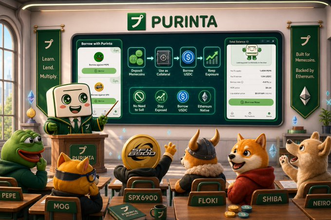 PURINTA promotional classroom scene featuring a mascot teaching memecoins (MOG, SPX6900, FLOKI, SHIBA, NEIRO) how to 'Borrow USDC' by depositing memecoins as collateral, built on Ethereum.